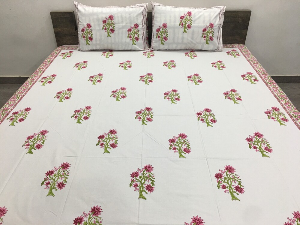 Hand Block Printed Percale Bedsheet - 100% Cotton, 90x108 Inches | Multicolor, Breathable, Washable, Includes 2 Pillowcases