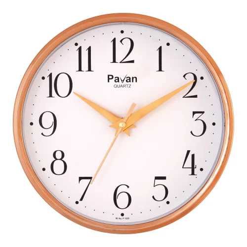 P-1020 Wall Clock - Plastic Material, 8 Inch Size, Polished Surface, Golden Color | Fashionable Quartz Movement, Round Shape, 6-12 Months Warranty