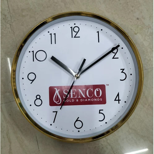 P-1001 Wall Clock - Plastic, 10 Inch Diameter, Golden Color | Quartz Movement, Polished Surface, Various Sizes Available, 6-12 Months Warranty