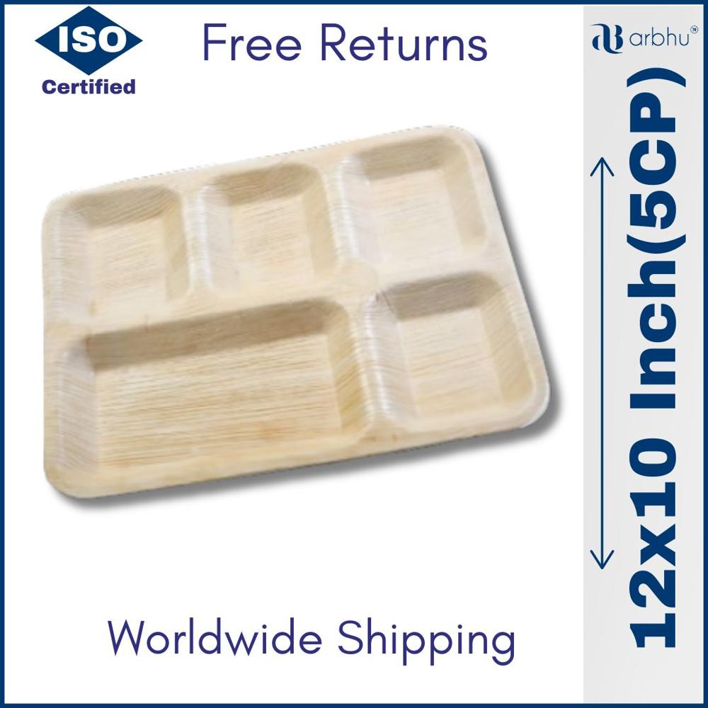 12x10 Inch 5 Partition Rectangle Tray - Palm Leaves Material , 100% Natural & Sustainable, Food-safe & Microwave Safe, Elegant Organic Texture