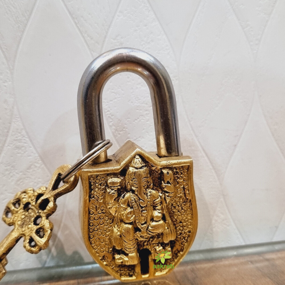 Brass Ganesha Engraved Padlock | Divine Protection for Your Home | Brass Padlock For Home Safety ( Yellow, 3.5 inch)