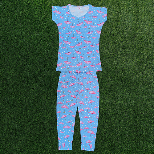 Blue Lycra Kids Printed Nightwear Set - Design: Modern