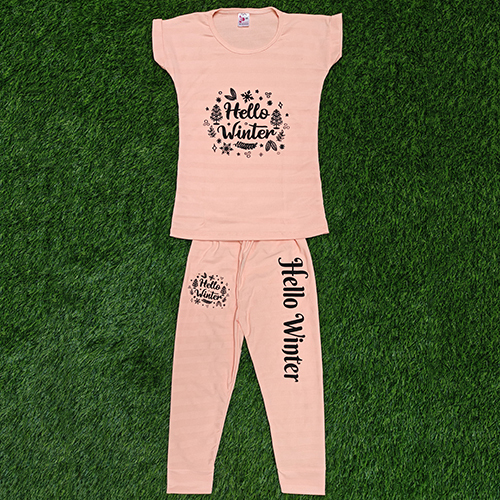 2 Piece Peach Lycra Kids Wear Set - Design: Modern