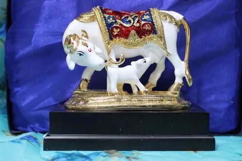 Kamdhenu Cow And Calf Statue - Finishing: Gold