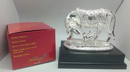 Silver Plated Om Cow And Calf Statue - Height: 3 Inch (In)