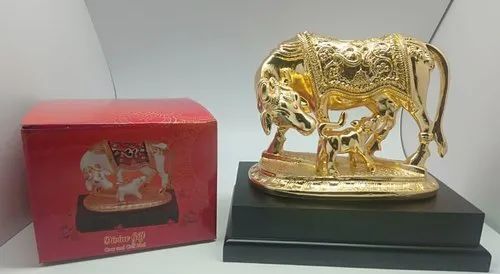 Gold Plated Om Cow And Calf Statue - Height: 4 Inch (In)