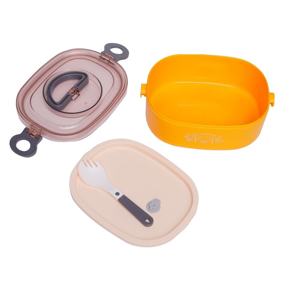 Cherrybox Bpa Free Lunch Box With Fork Handle Air Tight Lock Anti Slip - Abs Plastic, 1000ml Size, Multi Color | Ideal For Kids And Adults
