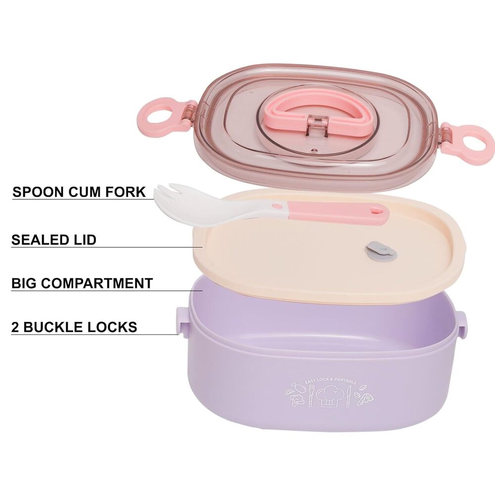 Cherrybox Bpa Free Lunch Box With Fork Handle Air Tight Lock Anti Slip - Abs Plastic, 1000ml Size, Multi Color | Ideal For Kids And Adults