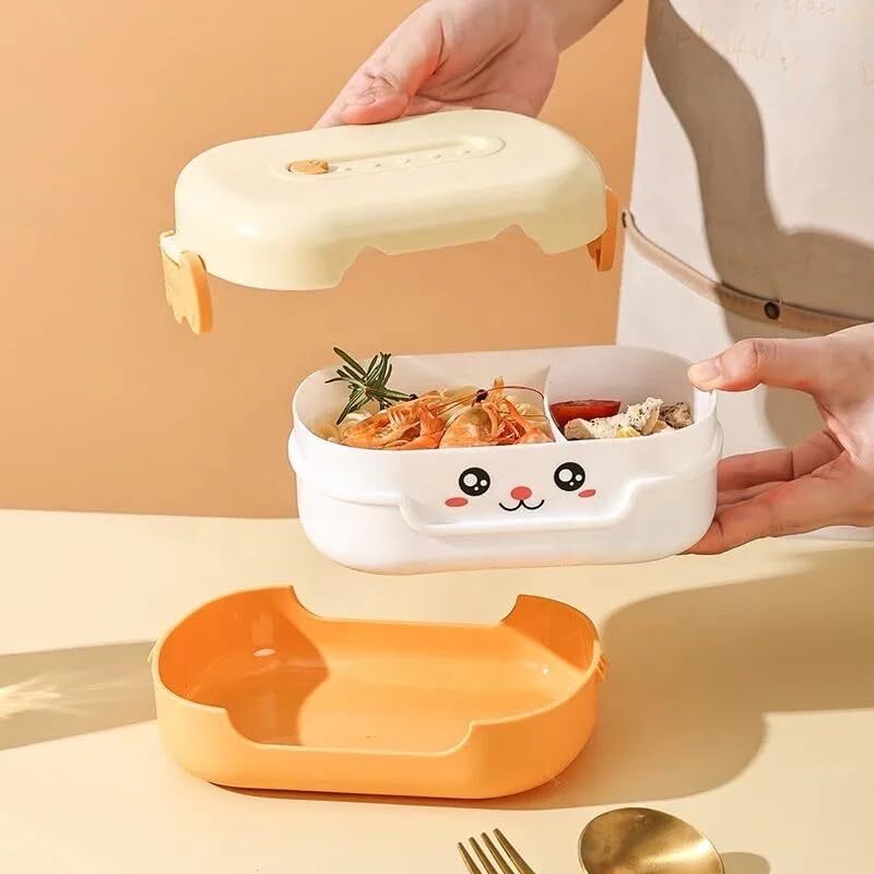 Cherrybox Kids Lunch Box - Abs Material, 700ml Size, Multi Color | Leak Proof, 2 Grid Heat Insulation Design, Microwave Safe, Plastic Spoon Included