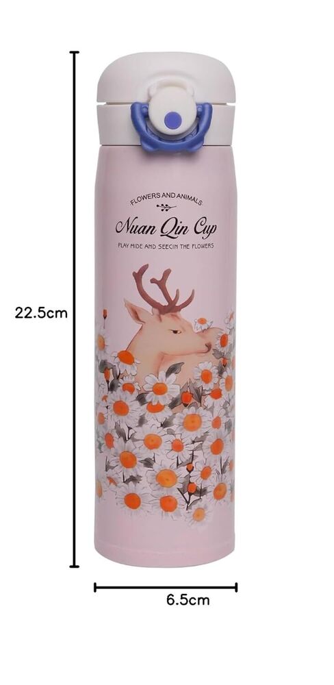 Cherrybox Deer And Flower Print Water Bottle For Kids & Adults - Stainless Steel, 22.5cm X 6.5cm, Pink - 500ml Capacity, Rubber Stopper Sealing