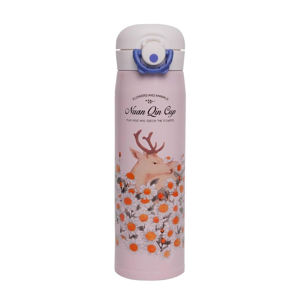 Cherrybox Deer And Flower Print Water Bottle For Kids & Adults - Stainless Steel, 22.5cm X 6.5cm, Pink - 500ml Capacity, Rubber Stopper Sealing