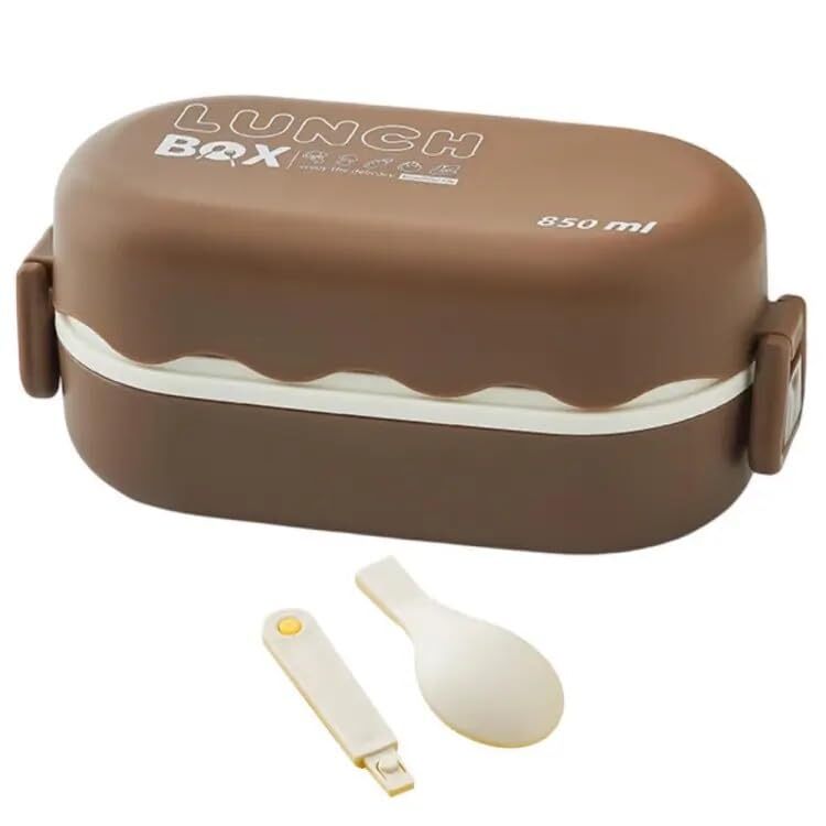 CherryBox Double-Layered Bento Microwaveable Plastic Lunch Box Two Compartments with Spoon BPA Fre 850 ML with DIY Cute Stickers (Brown)