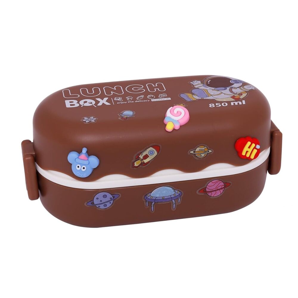 CherryBox Double-Layered Bento Microwaveable Plastic Lunch Box Two Compartments with Spoon BPA Fre 850 ML with DIY Cute Stickers (Brown)