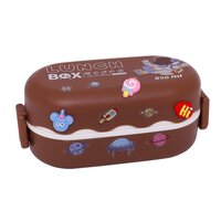 CherryBox Double-Layered Bento Microwaveable Plastic Lunch Box Two Compartments with Spoon BPA Fre 850 ML with DIY Cute Stickers (Brown)