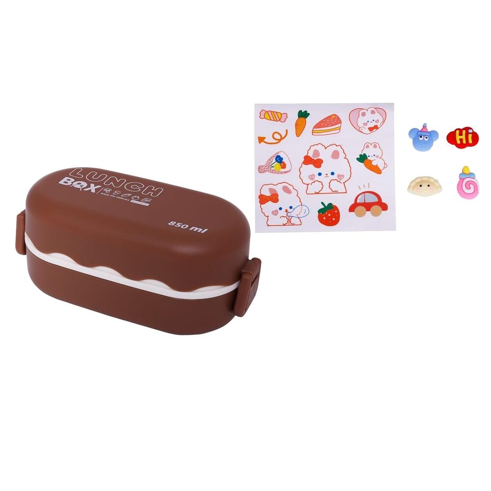 Cherrybox Double-layered Bento Microwaveable Plastic Lunch Box - Abs Material, 850 Ml Capacity, Brown Color, Two Compartments With Spoon, Diy Cute Stickers