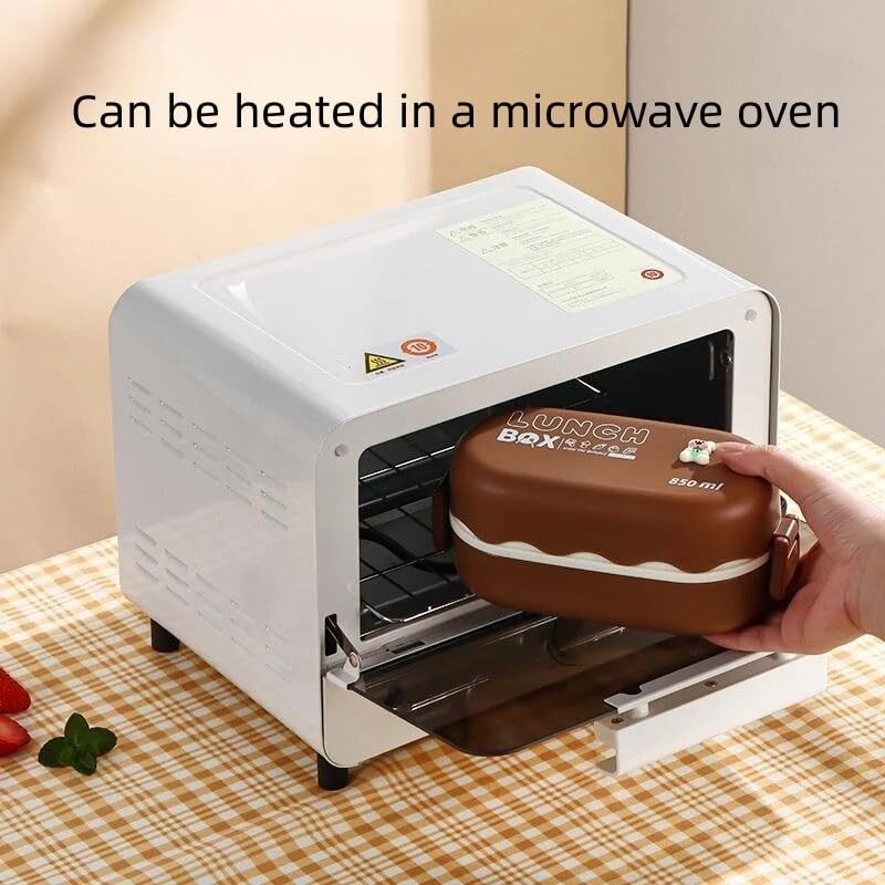 Cherrybox Double-layered Bento Microwaveable Plastic Lunch Box - Abs Material, 850 Ml Capacity, Brown Color, Two Compartments With Spoon, Diy Cute Stickers