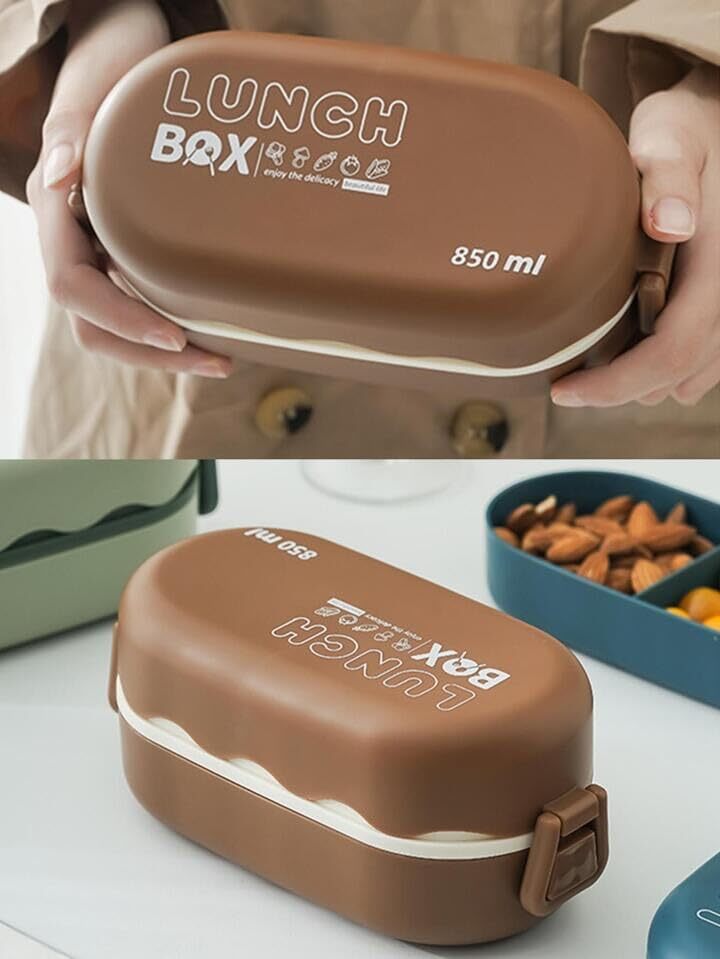 Cherrybox Double-layered Bento Microwaveable Plastic Lunch Box - Abs Material, 850 Ml Capacity, Brown Color, Two Compartments With Spoon, Diy Cute Stickers