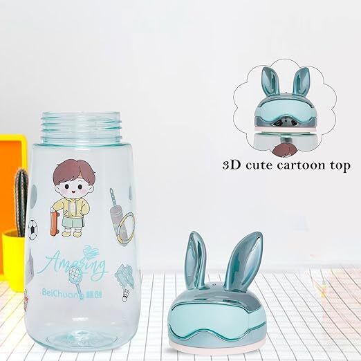 Cherrybox Rabbit Head Concise Bpa Free Material Cartoon Kids School Water Bottle 600 Ml With Diy Stickers - Plastic, 600 Ml, Multi Color, Round Shape | Ideal For School Use, Fun Customization With Stickers