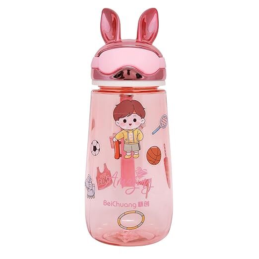 Cherrybox Rabbit Head Concise Bpa Free Material Cartoon Kids School Water Bottle 600 Ml With Diy Stickers - Plastic, 600 Ml, Multi Color, Round Shape | Ideal For School Use, Fun Customization With Stickers