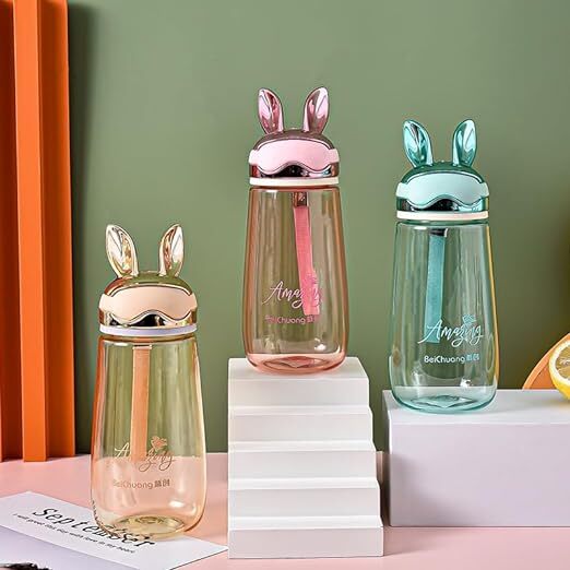 Cherrybox Rabbit Head Concise Bpa Free Material Cartoon Kids School Water Bottle 600 Ml With Diy Stickers - Plastic, 600 Ml, Multi Color, Round Shape | Ideal For School Use, Fun Customization With Stickers