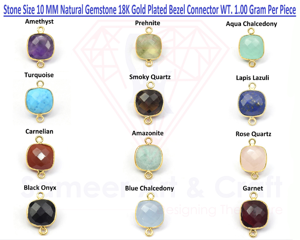 Cushion Shape Natural Gemstone 18K Gold Plated Faceted Double Bail Bezel Connector