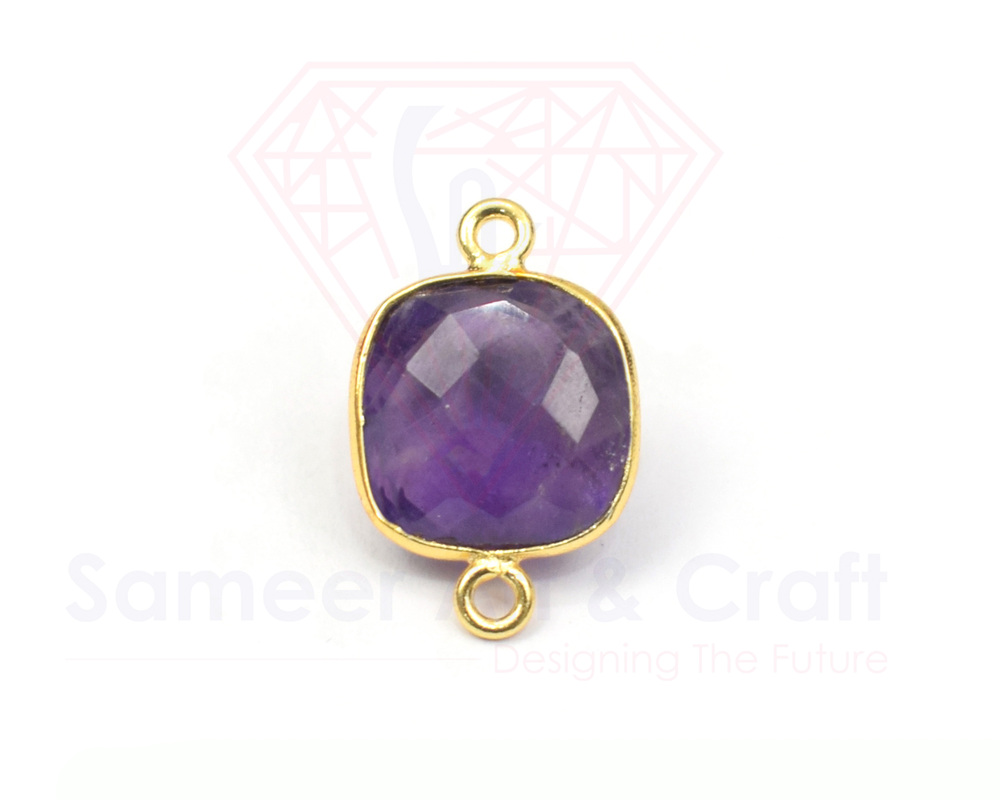 Cushion Shape Natural Gemstone 18K Gold Plated Faceted Double Bail Bezel Connector