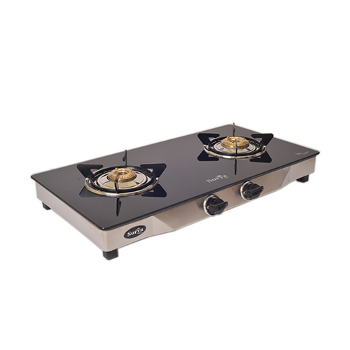 2 Burner Glass Square Black Gas Stove - Ignition Type: Manual