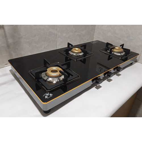 3 Burner Black Glass Gas Stove - Ignition Type: Manual