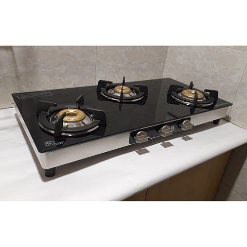 3 Burner Black Glass Round Gas Stove - Ignition Type: Manual