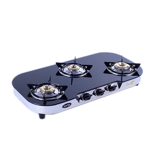 3 Burner Glass Cut Body Black Gas Stove - Ignition Type: Manual