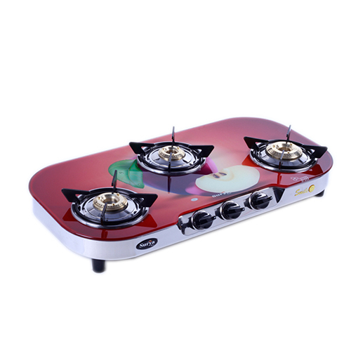 3 Burner Glass Cut Body Color Gas Stove - Ignition Type: Manual