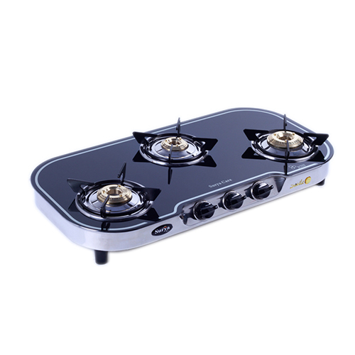 3 Burner Glass Cut Body Round Border Black Gas Stove - Ignition Type: Manual