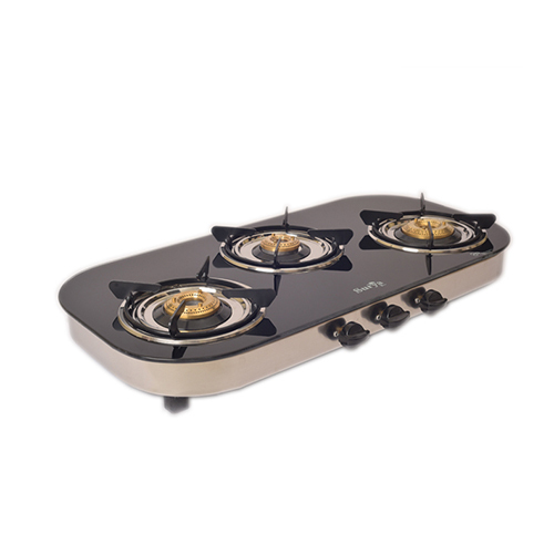 3 Burner Glass Elegant Black Gas Stove - Ignition Type: Manual