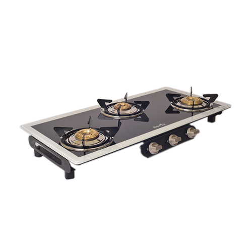 3 Burner Glass Frameless White Border Gas Stove - Ignition Type: Manual