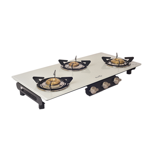 3 Burner Glass Frameless White Gas Stove - Ignition Type: Manual