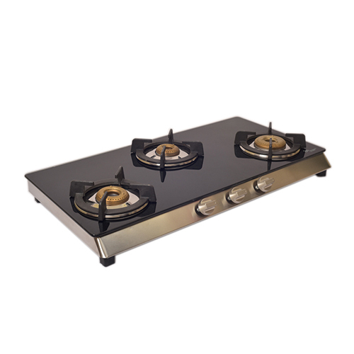 3 Burner Glass Kaff Black Gas Stove - Ignition Type: Manual