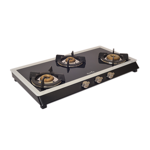 3 Burner Glass Kaff White Border Gas Stove - Ignition Type: Manual