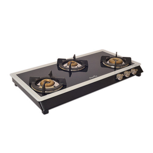 3 Burner Glass Kaff White Border Side Knob Gas Stove - Ignition Type: Manual