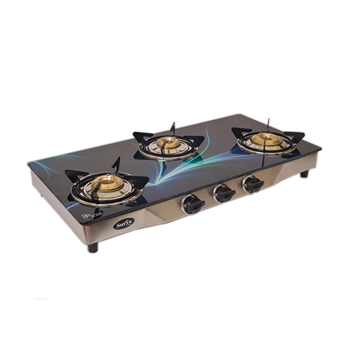 3 Burner Glass Square Color Gas Stove - Ignition Type: Manual