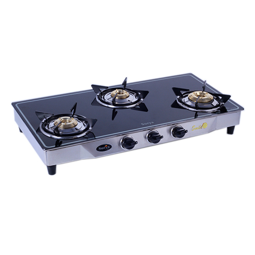 3 Burner Glass Square Round Border Gas Stove - Ignition Type: Manual