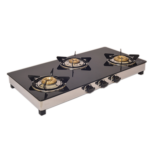 3 Burner Glass Square Straight Frame Black Gas Stove - Ignition Type: Manual