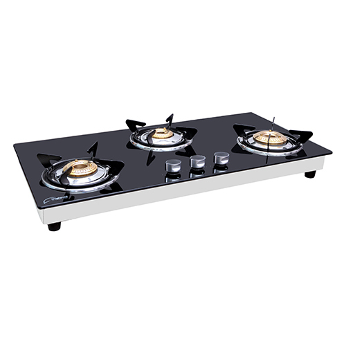 3 Burner Modern Glossy Glass Black Hob Gas Stove - Ignition Type: Manual