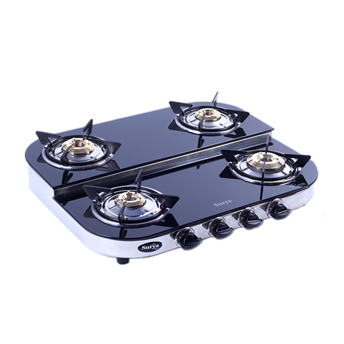 4 Burner Glass Double Decker Black Gas Stove - Ignition Type: Manual