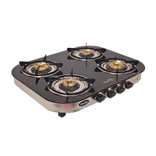 4 Burner Glass Elegant Black Gas Stove - Ignition Type: Manual