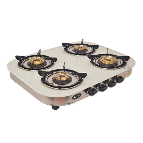 4 Burner Glass Elegant White Gas Stove - Ignition Type: Manual