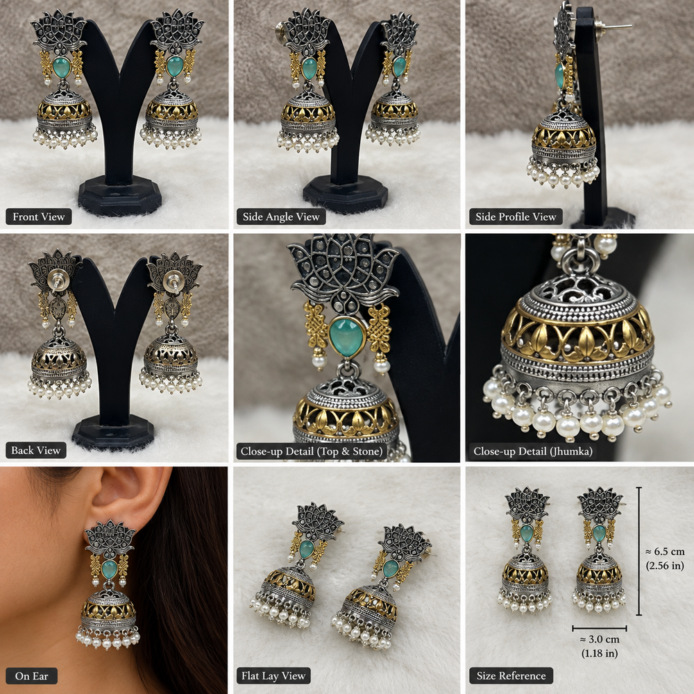 Sea Green Oxidized Earring - Oxidized Material, 4.5 Inch Size | Round Shape, Stylish Highlights for Engagement Parties
