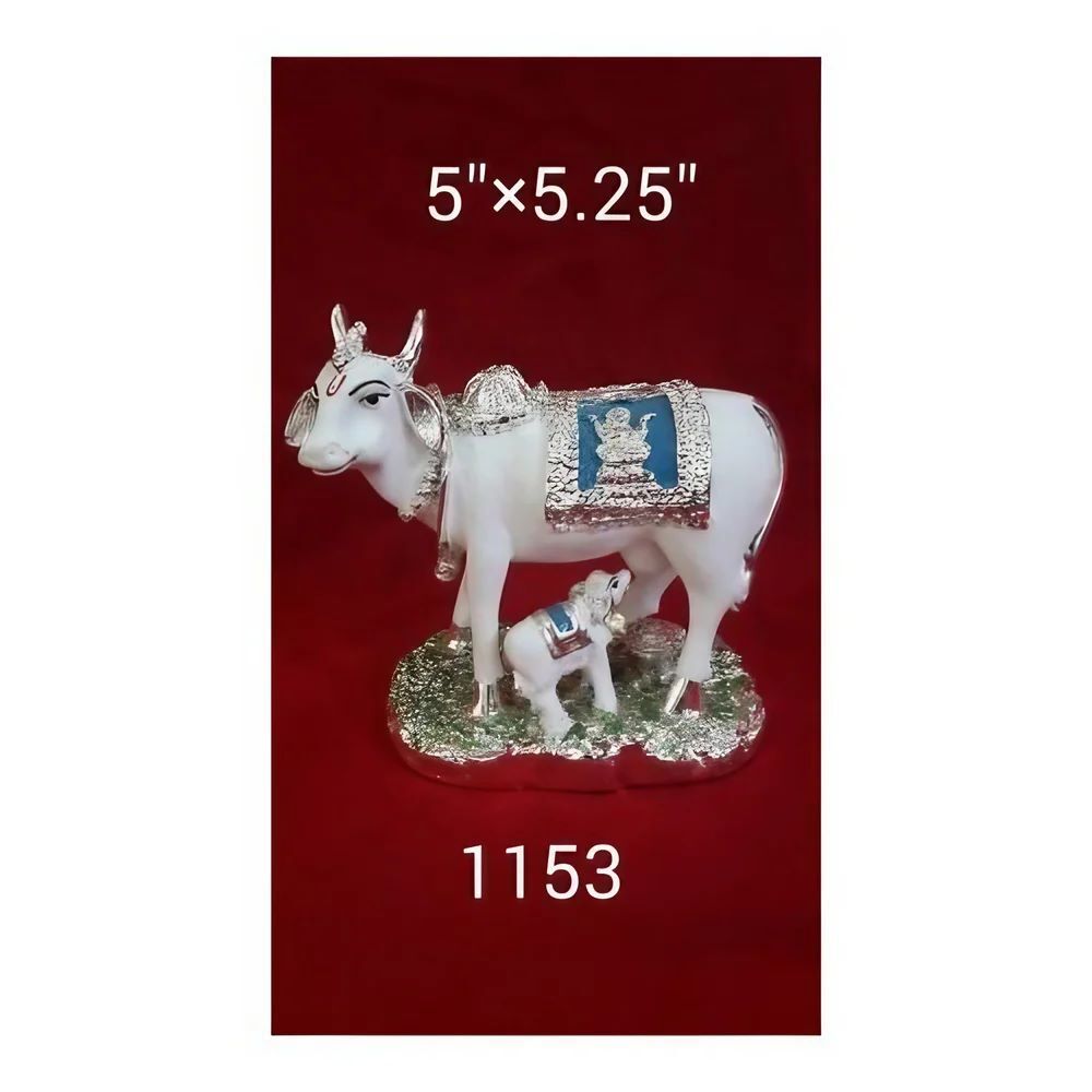 White Kamdhenu Cow And Calf Statue - Finishing: Gold