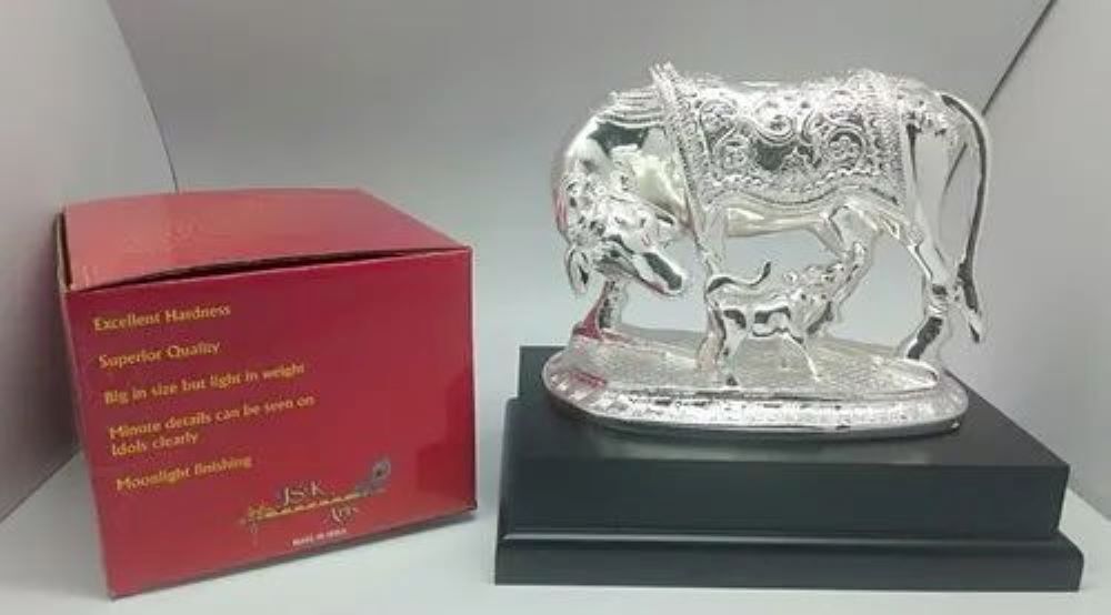 White Kamdhenu Cow And Calf Statue