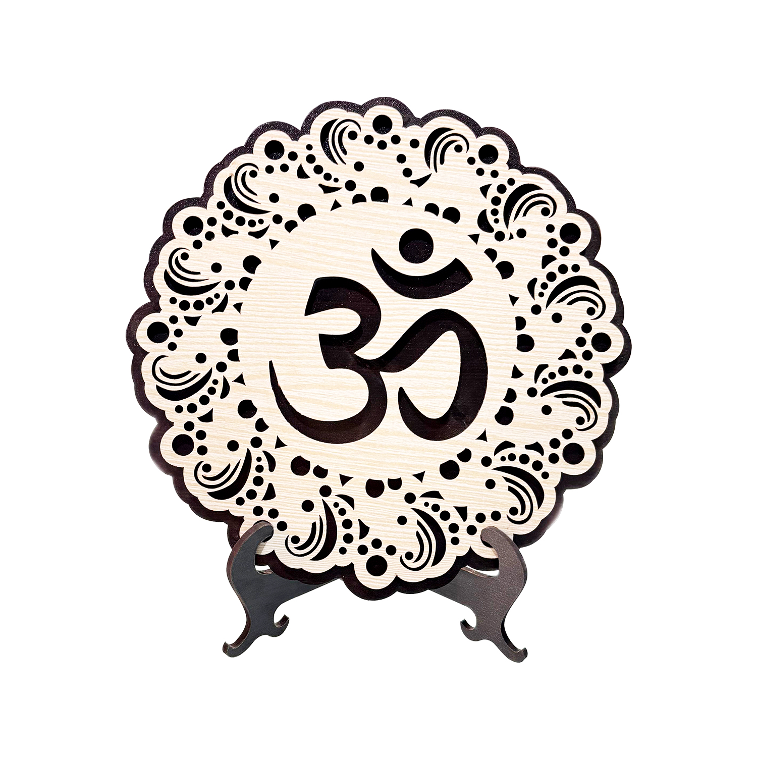 Om Table Top Wooden Showpiece - Color: Brown & Cream