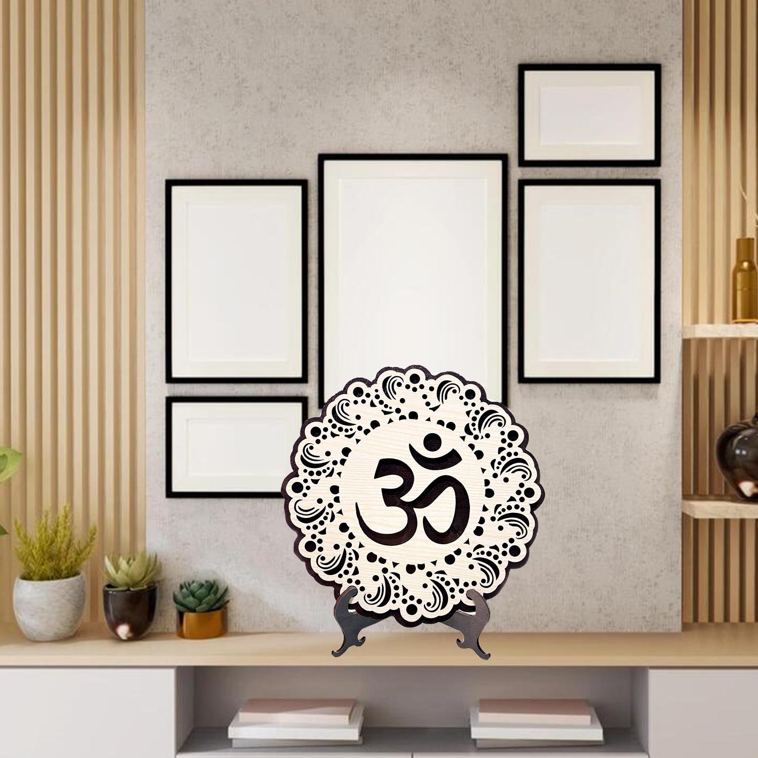 Om Table Top Wooden Showpiece - Wooden, Standard Size | Brown & Cream Color, Industrial Design, Elegant Decorative Accent